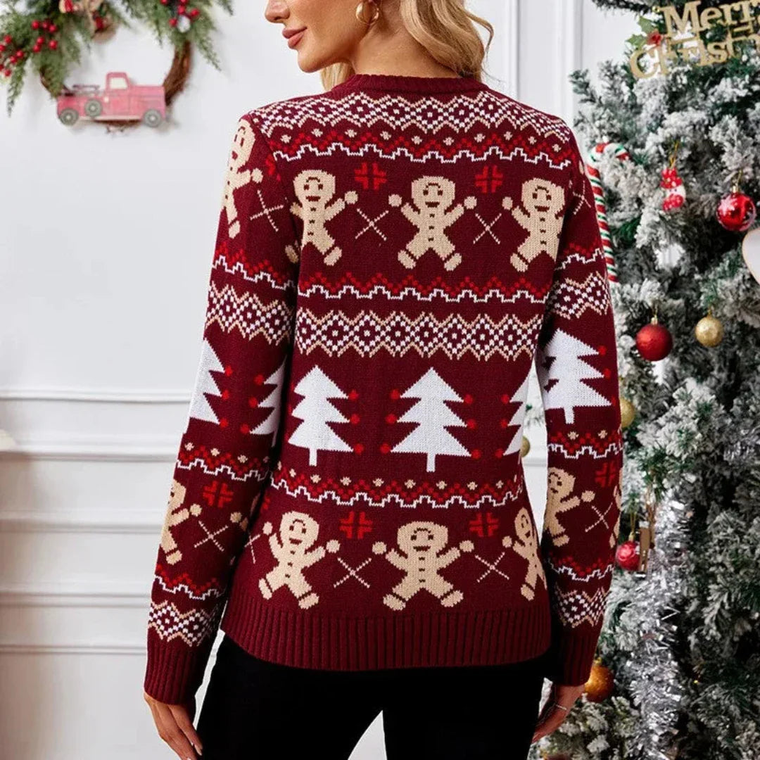 Women's Christmas Sweater – Winter Sweater with Gingerbread & Christmas Tree Print