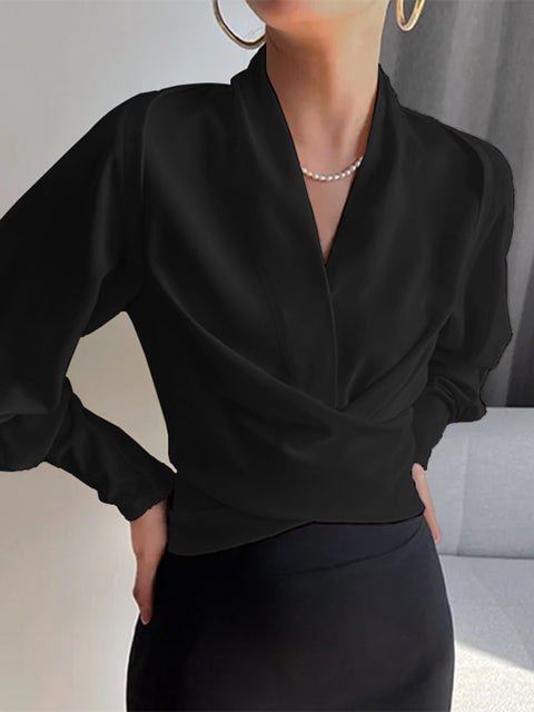 Elegant Omslagsbluse med Lange Ballonærmer og V-hals