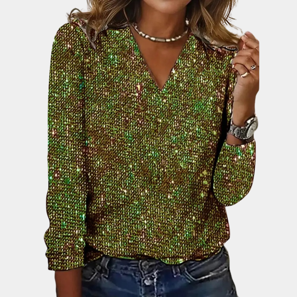 Glitter Top Kvinder med Pailletter og V-Hals