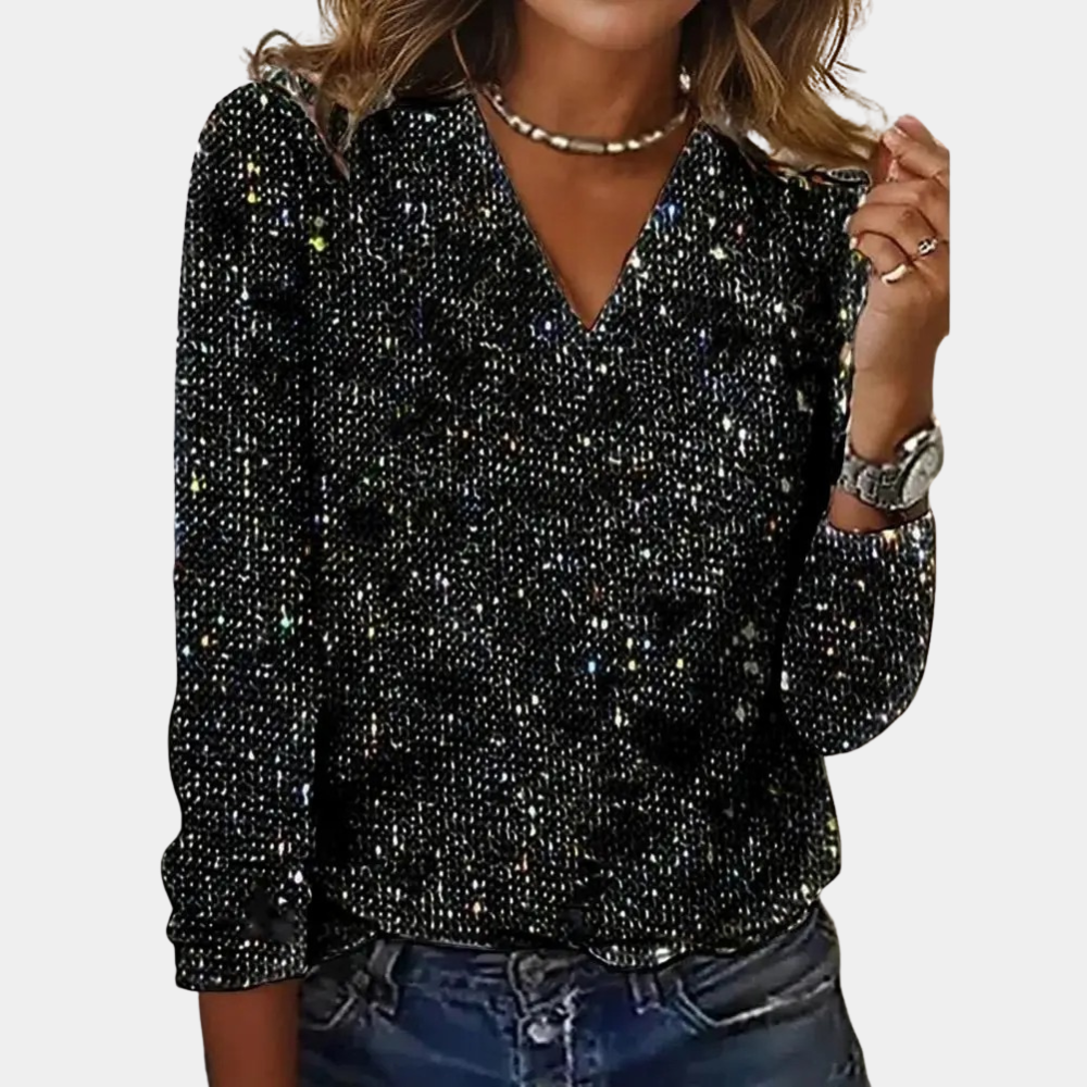 Glitter Top Kvinder med Pailletter og V-Hals