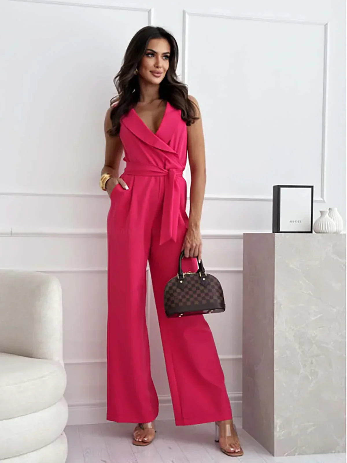 Jumpsuit Dame V-hals med Bælte Elegance