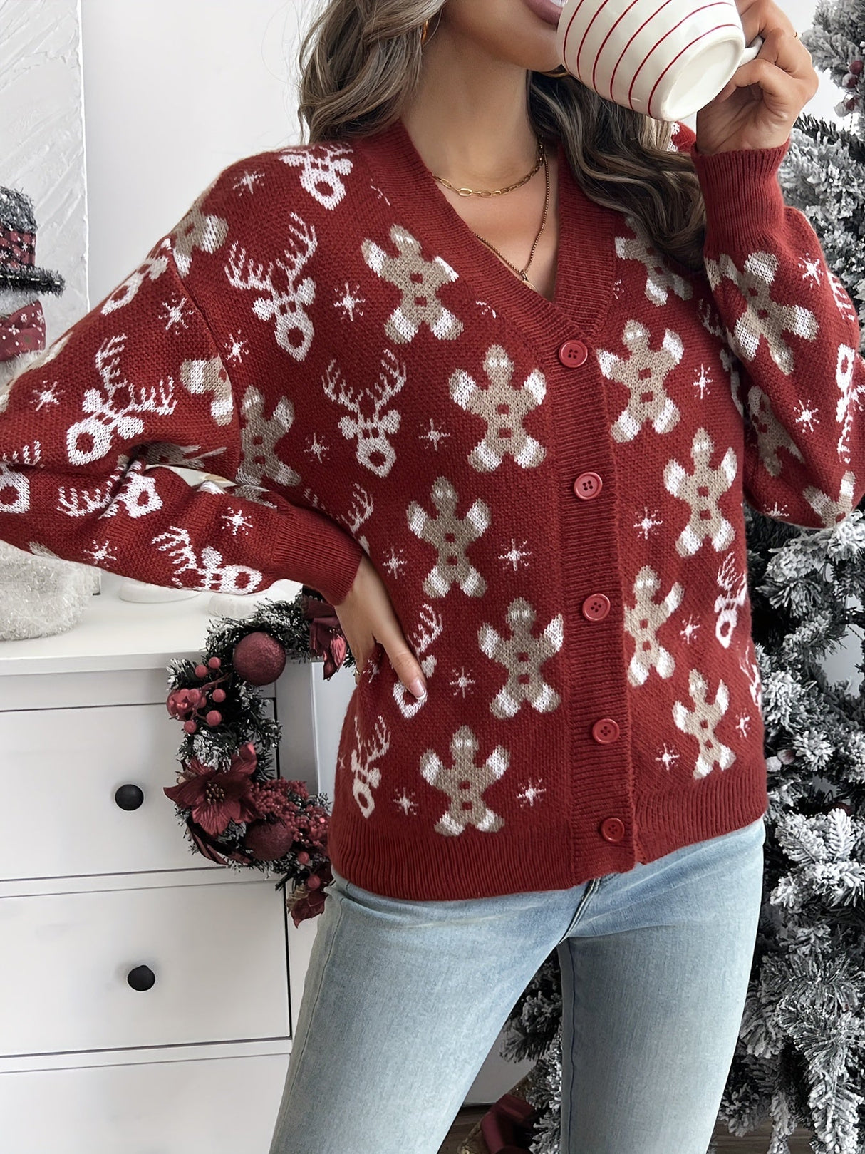 Julecardigan med Snefnug – Varm Dame Vintervest