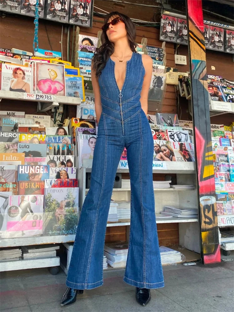Rygløs Hjerteformet Denim Jumpsuit til Kvinder