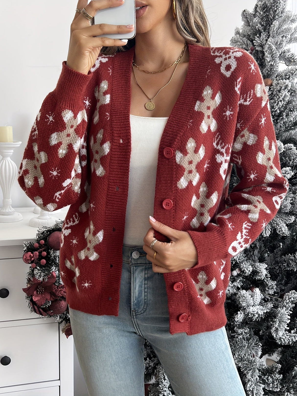 Julecardigan med Snefnug – Varm Dame Vintervest