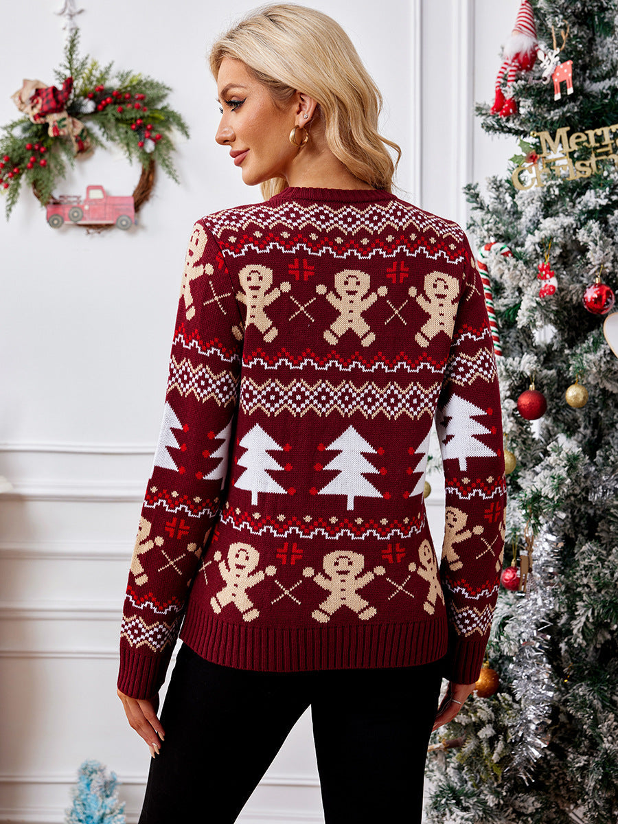 Damen Weihnachtspullover – Winterpullover mit Lebkuchen- & Weihnachtsbaumdruck