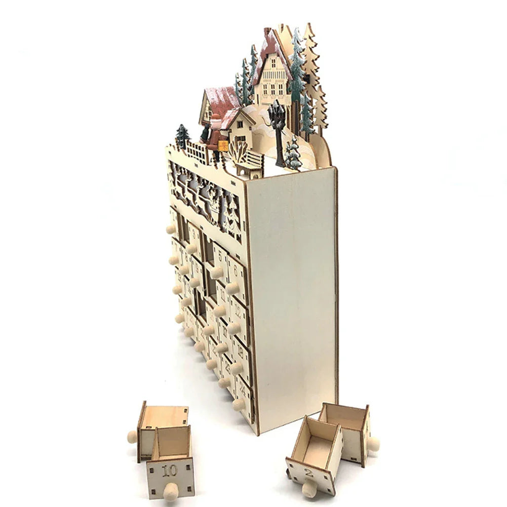 Holz Adventskalender mit Licht – Wiederverwendbarer Weihnachtskalender mit 24 Fächern