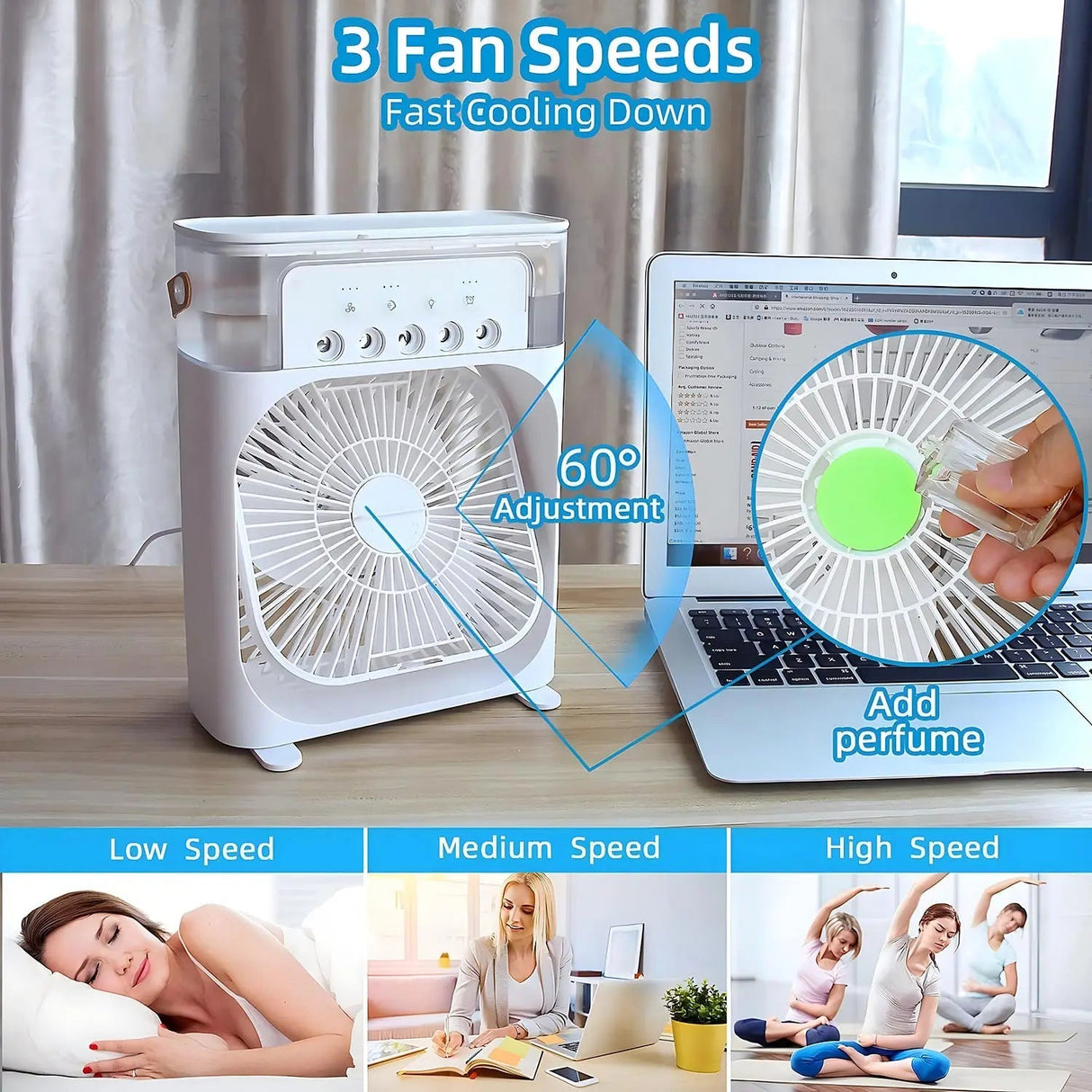 3-i-1 Ventilator, Aircondition og Luftfugter med LED-belysning
