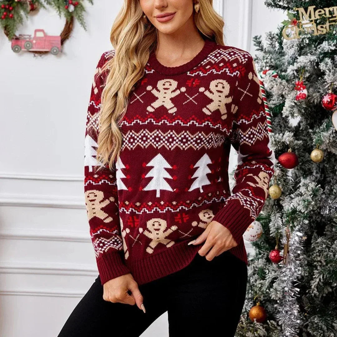 Women's Christmas Sweater – Winter Sweater with Gingerbread & Christmas Tree Print