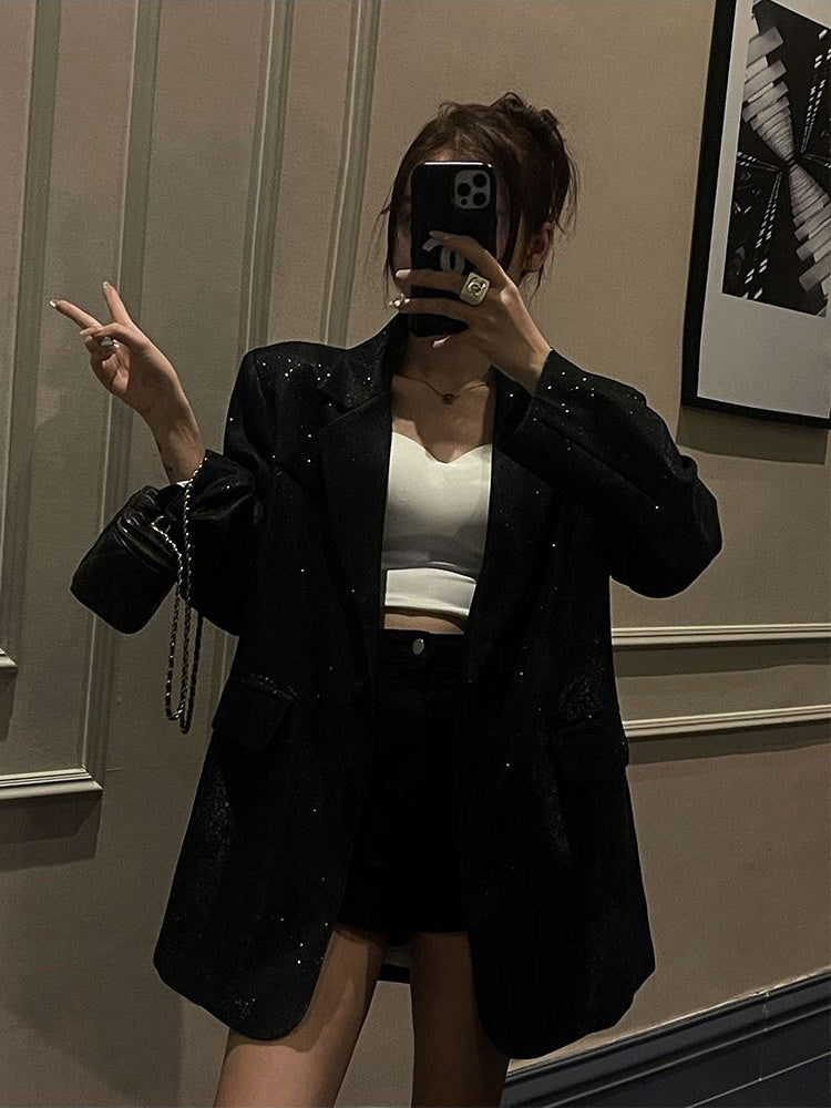 Dame Paillet Blazer Sort/Sølv – Oversized Festlig Party Blazer