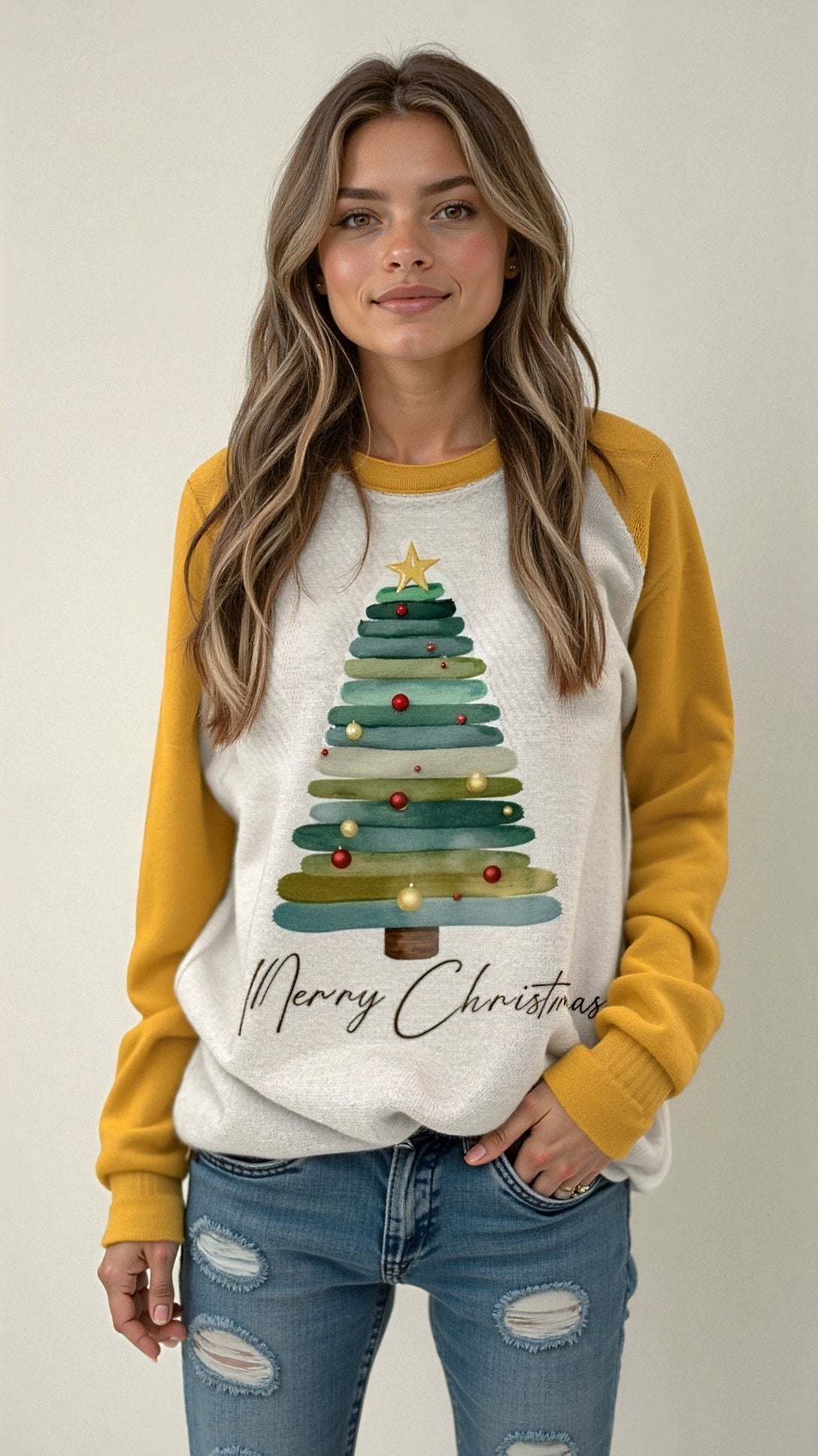 Women's Christmas Sweater – Merry Christmas Sweater with Tree Print