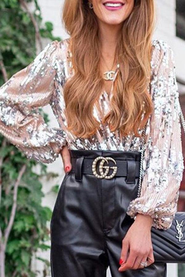 Glitter Glamour Top med V-Hals og Lange Ærmer