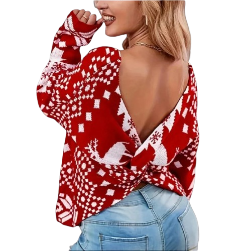 Damen Weihnachtsbluse – Winterskjorte mit offenem Rücken & festlichem Druck