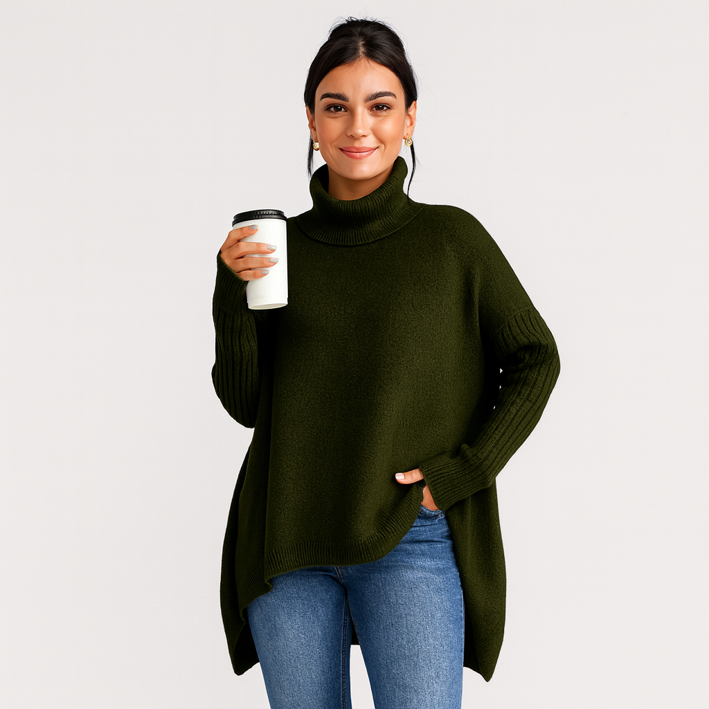 Oversized Dame Rullekrave – Blød Sweater med Løs Pasform & Slids i Siderne