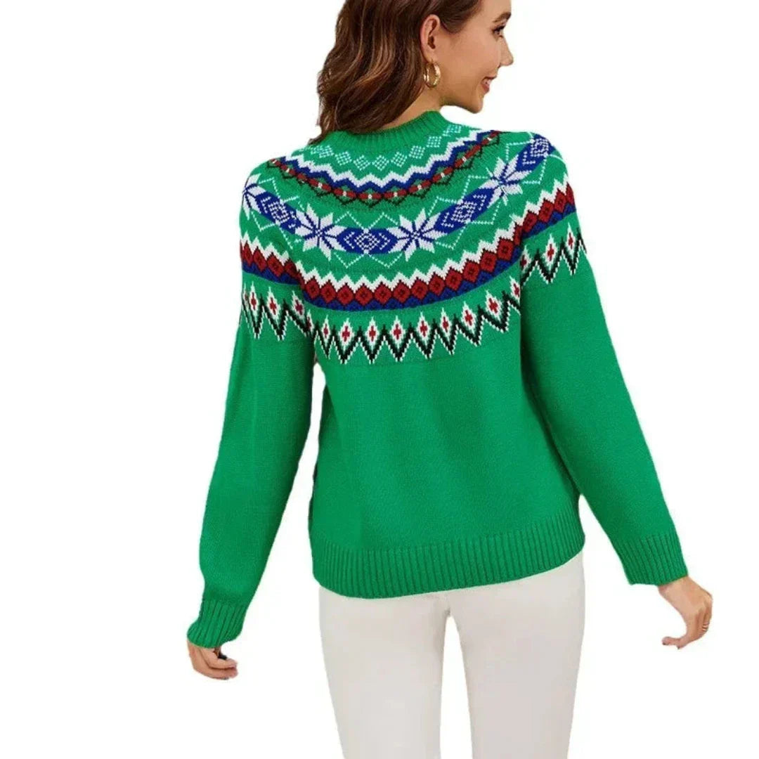 Women's Christmas Sweater – Green Winter Sweater with Colorful Nordic Pattern