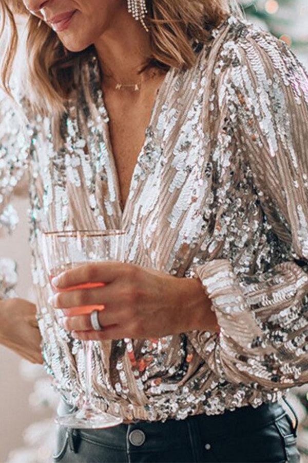 Glitter Glamour Top med V-Hals og Lange Ærmer