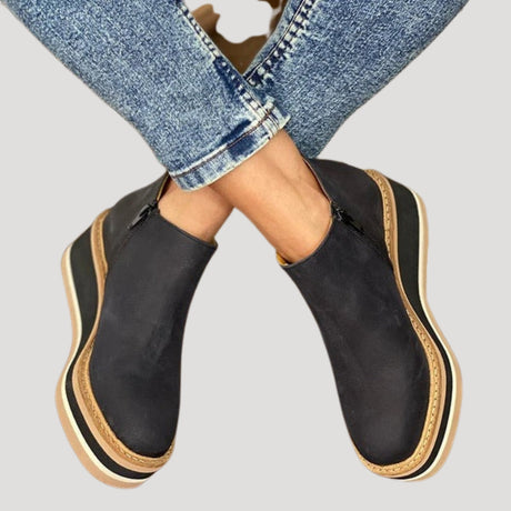 Dame Ankelstøvler i Læder med Lynlås og Kileplatform