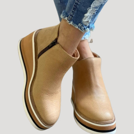 Dame Ankelstøvler i Læder med Lynlås og Kileplatform