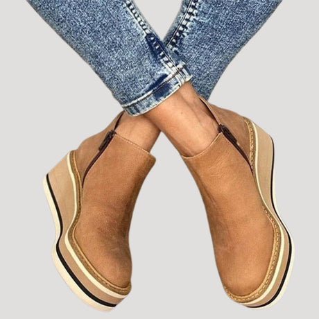 Dame Ankelstøvler i Læder med Lynlås og Kileplatform