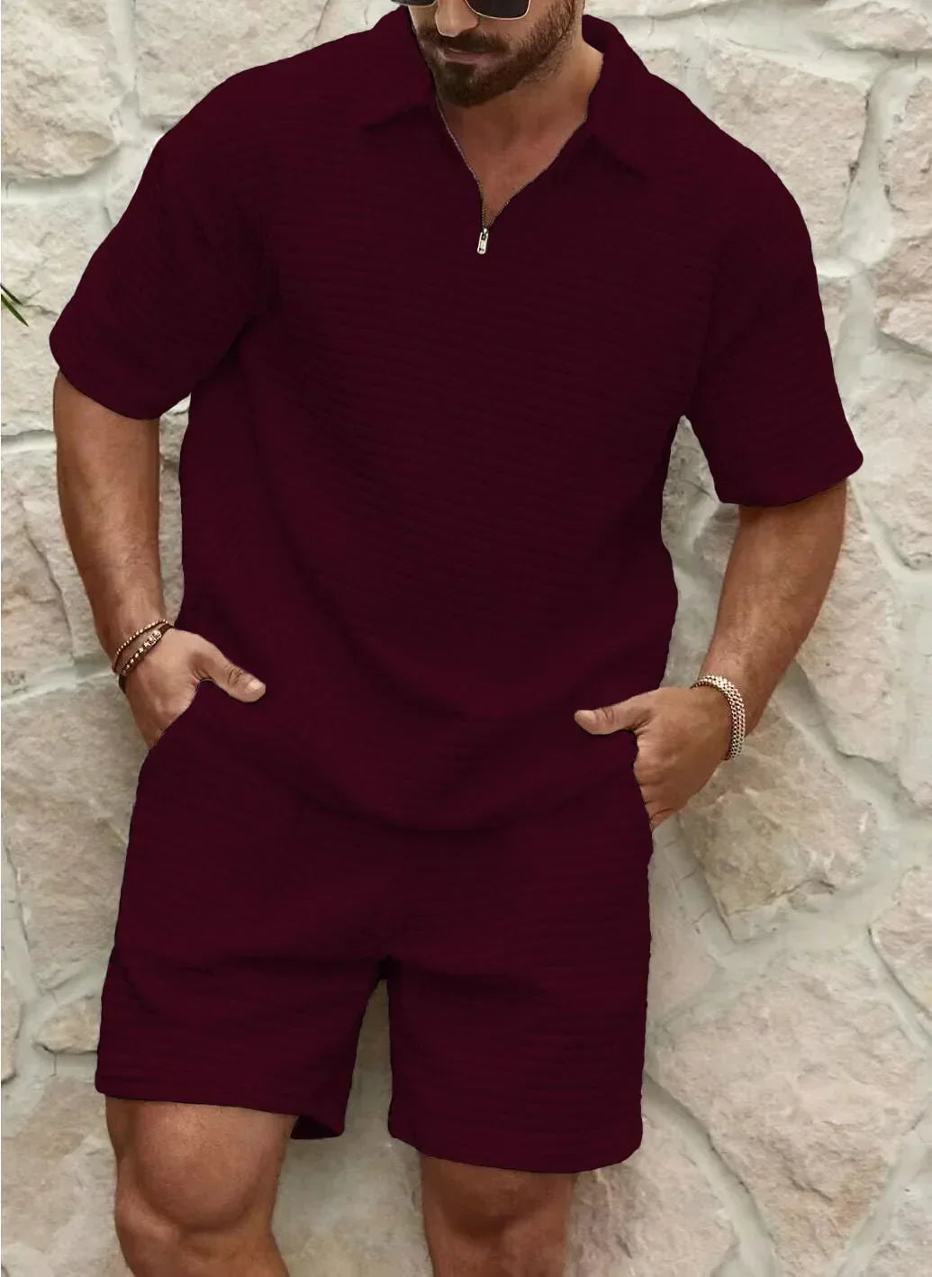 Herre Vaffelstriksæt Med Polo Top Og Shorts