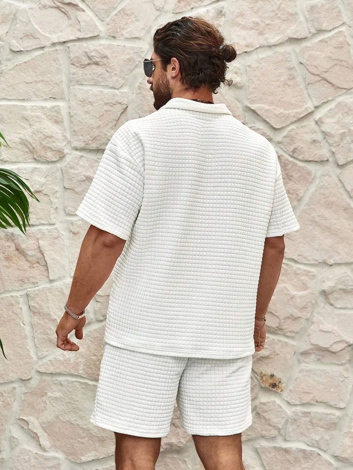 Herre Vaffelstriksæt Med Polo Top Og Shorts