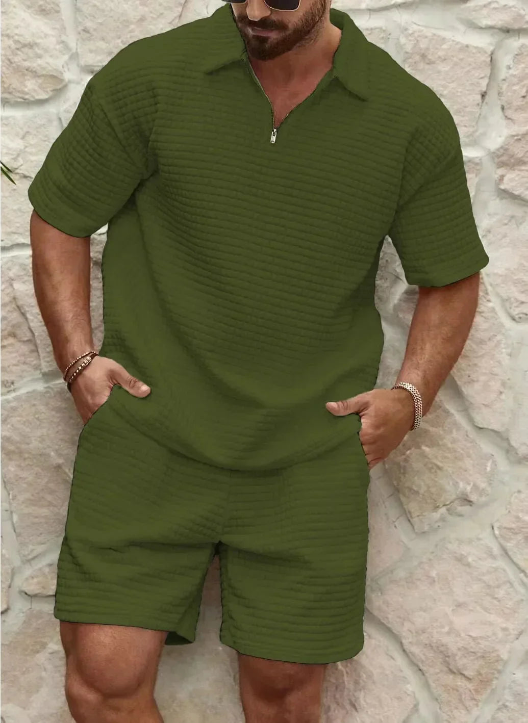 Herre Vaffelstriksæt Med Polo Top Og Shorts