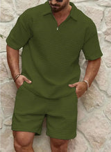 Herre Vaffelstriksæt Med Polo Top Og Shorts