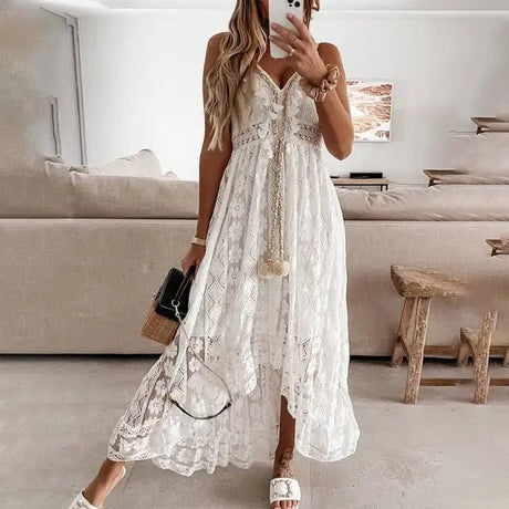Kvinders Boho Blondekjole med Romantiske Detaljer 0