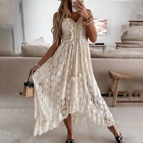 Kvinders Boho Blondekjole med Romantiske Detaljer 1