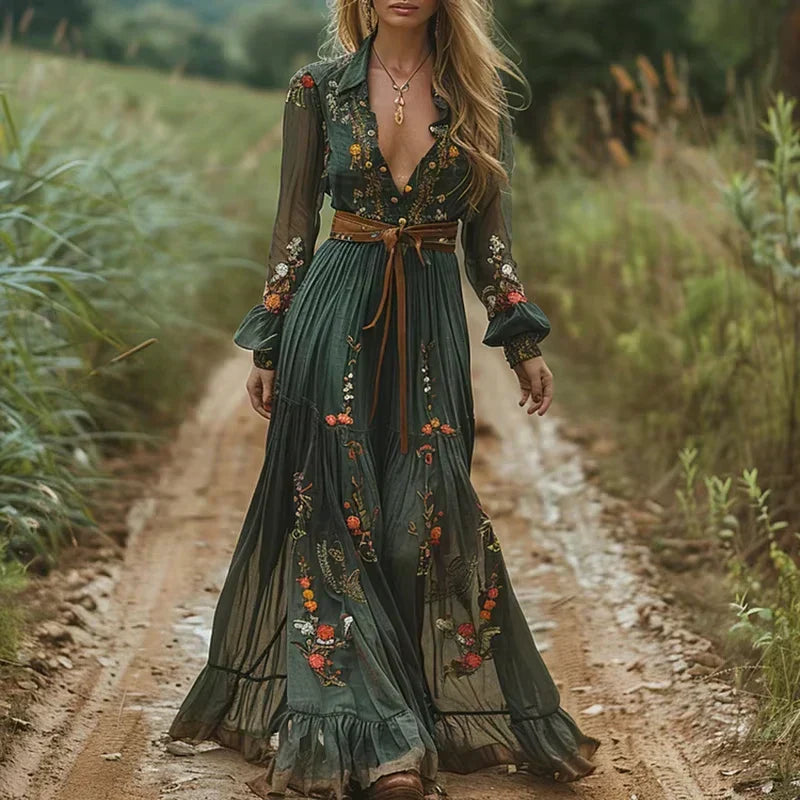 Kvinders Boho Maxi Kjole med Lange Ærmer og Blomsterprint 0