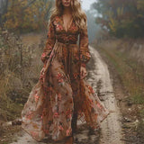 Kvinders Boho Maxi Kjole med Lange Ærmer og Blomsterprint 2