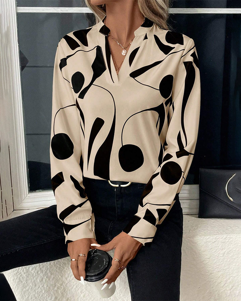 Elegant Bluse med Stående Krave og Print