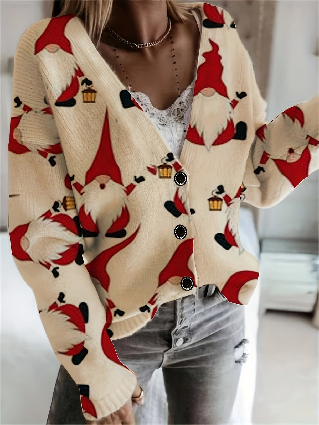 Julecardigan med rensdyr – Dame vintervest med festligt design