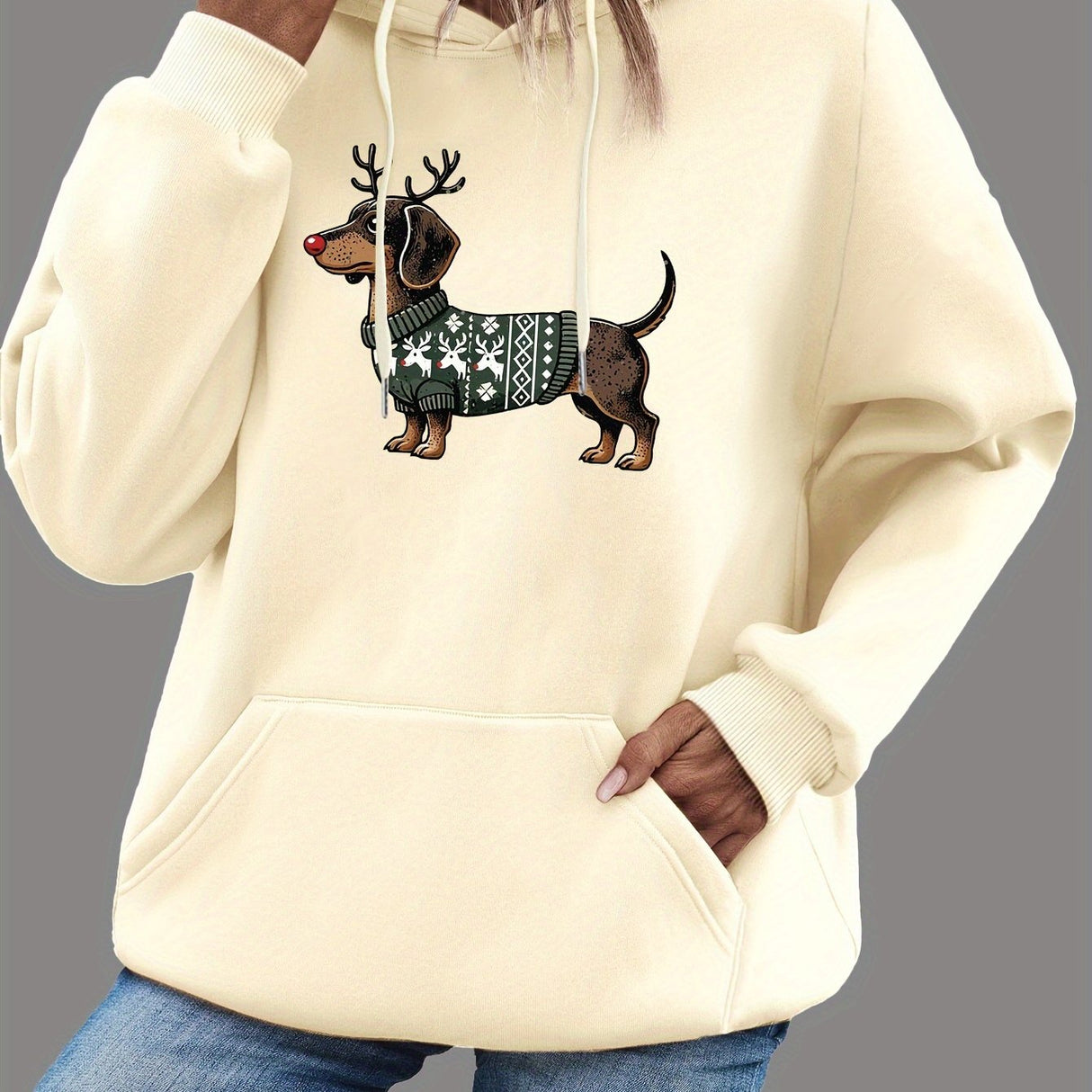 Dame Jule Hoodie med Gravhund Print – Varm Vinter Hoodie