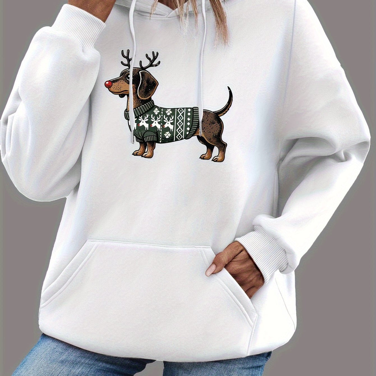 Dame Jule Hoodie med Gravhund Print – Varm Vinter Hoodie