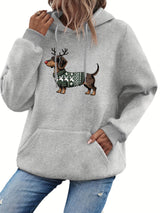 Dame Jule Hoodie med Gravhund Print – Varm Vinter Hoodie