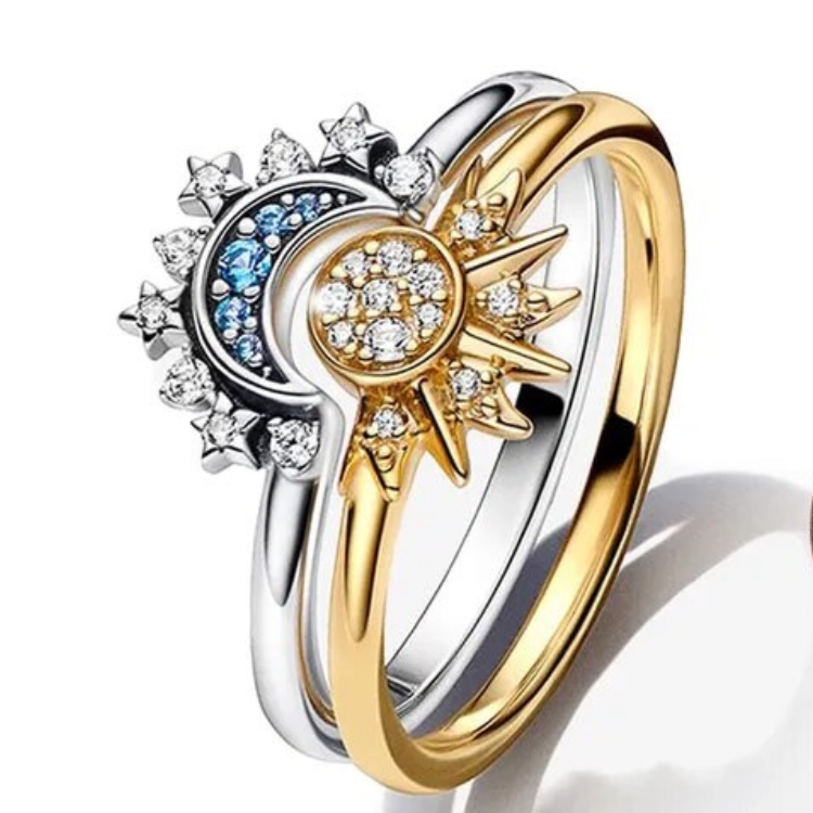 Sølv Krystalring Sol og Måne Design