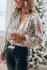 Glitter Glamour Top med V-Hals og Lange Ærmer