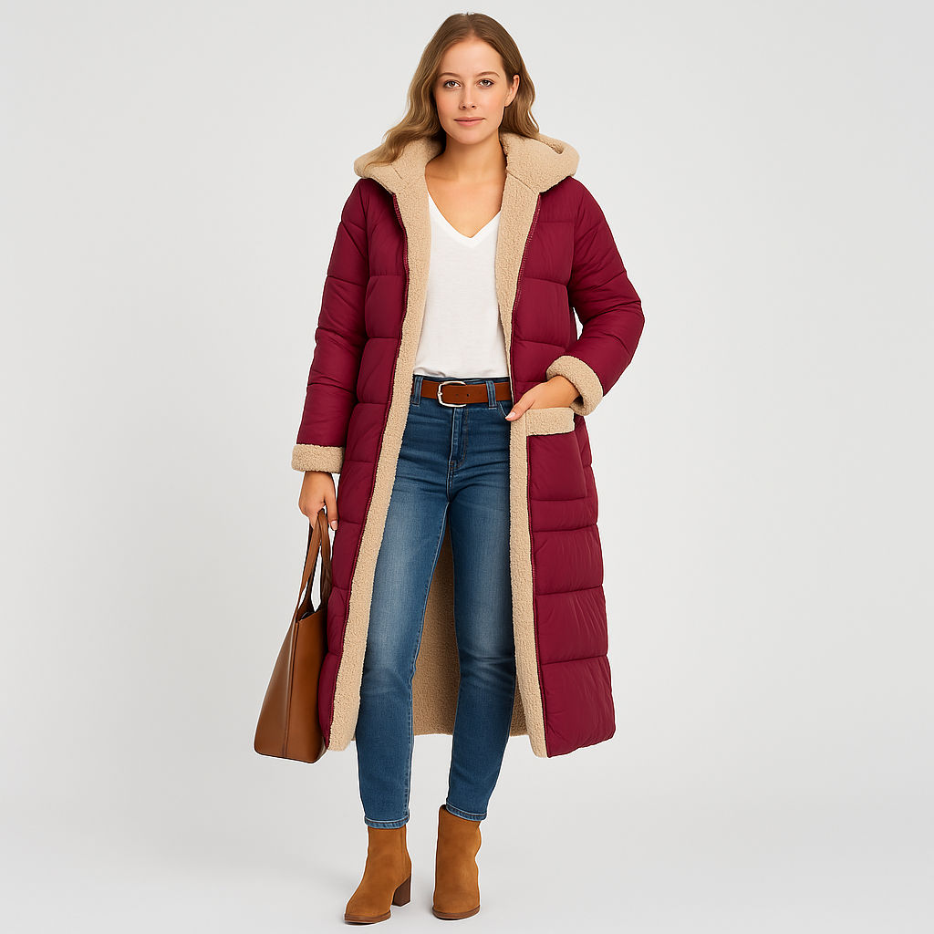 Damen Lange Winterjacke mit Kapuze – Warm, Weich & Stilvoll