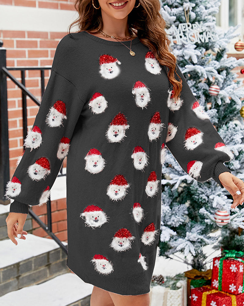 Dame Jule Sweater Kjole – Lang Vinterkjole med Julemand Print