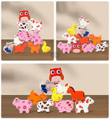 Trævogn til høst og sortering – Pædagogisk legetøj med dyr og grøntsager