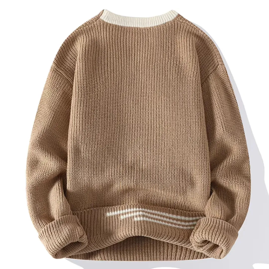 Herre Strikket Sweater – Casual Komfortabel Sweater med Stribedetalje