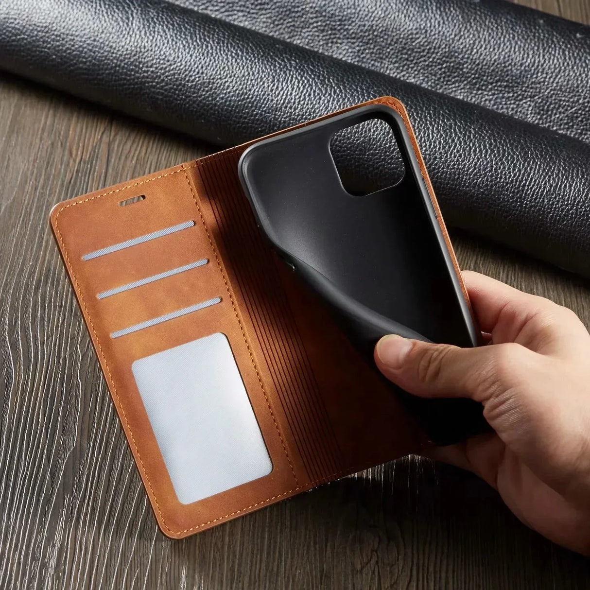Luxury Leather iPhone Cover – Magnetic Flip, Card Holder & Stand