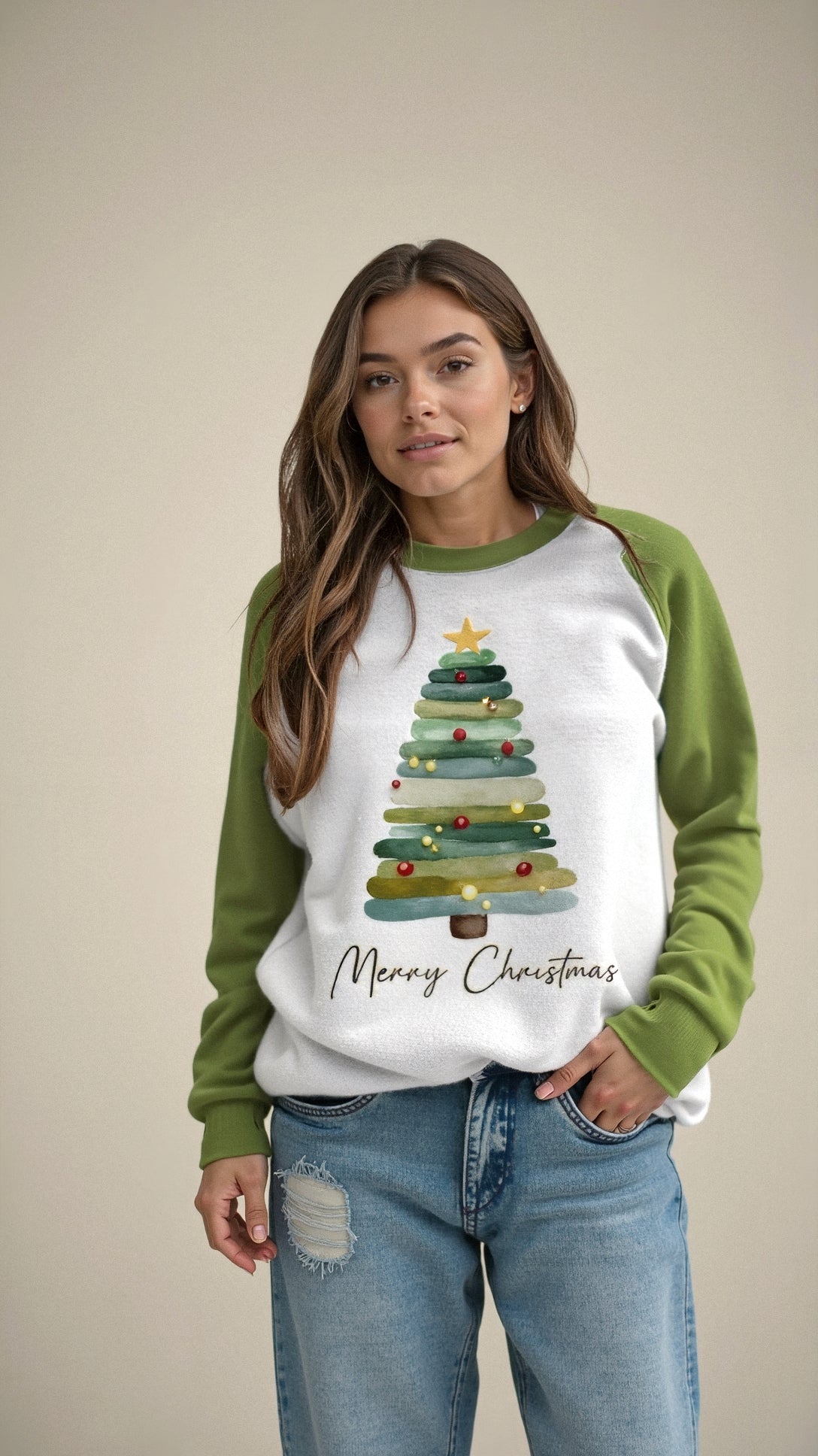 Women's Christmas Sweater – Merry Christmas Sweater with Tree Print