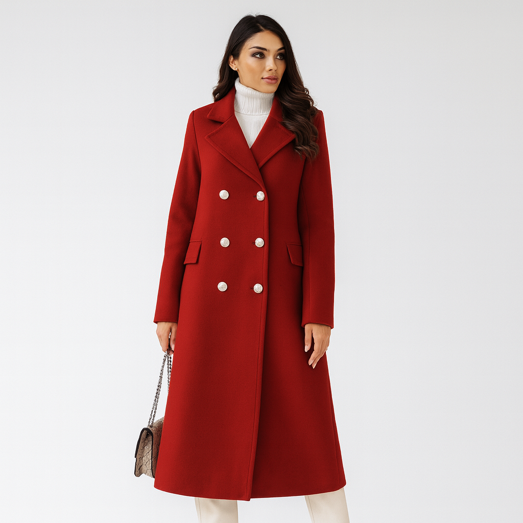 Dame Lang Frakke med Dobbelt Knaplukning – Elegant & Tidløs