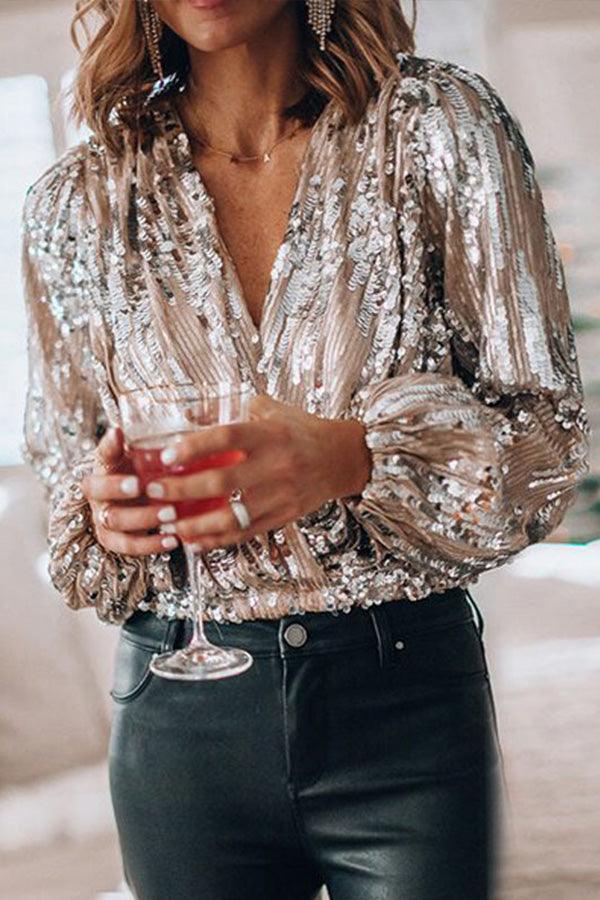 Glitter Glamour Top med V-Hals og Lange Ærmer
