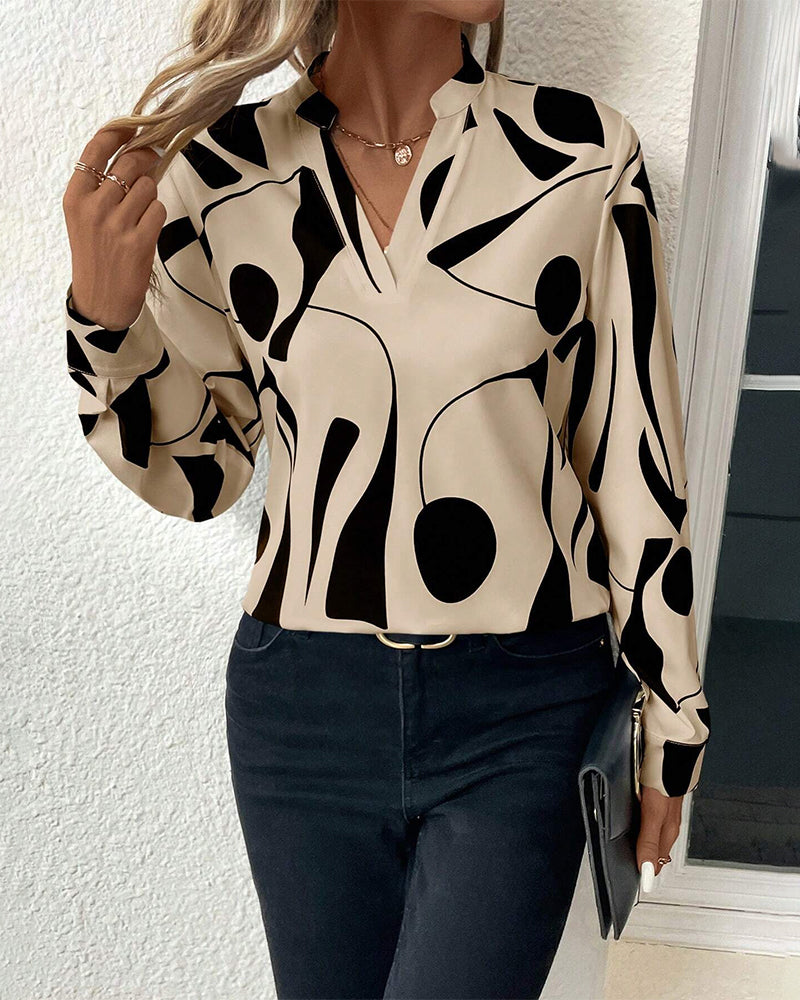 Elegant Bluse med Stående Krave og Print