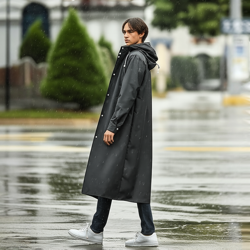 Lang herre regnjakke med hætte – sort, vind- og vandtæt